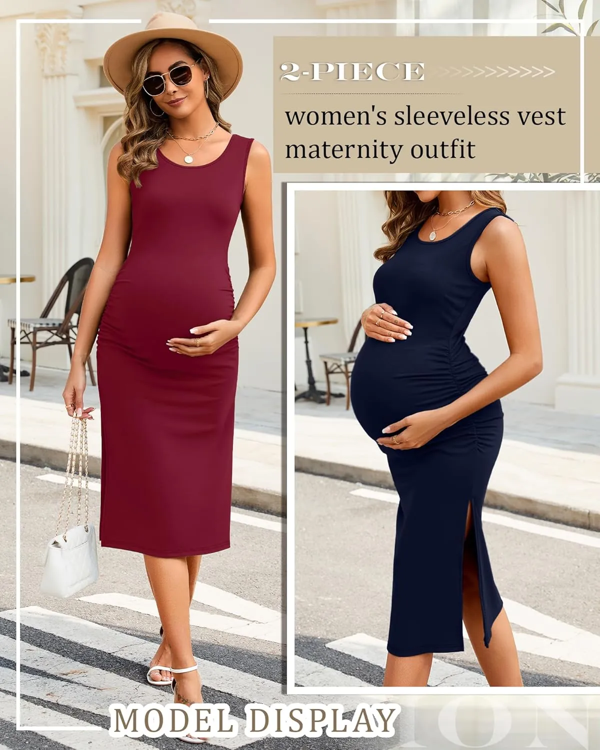 Neer 2 Pack Women's Maternity Dress Casual Sleeveless Tank Cotton Knit Pregnancy Clothes Split Long Tight Bodycon Midi Dress