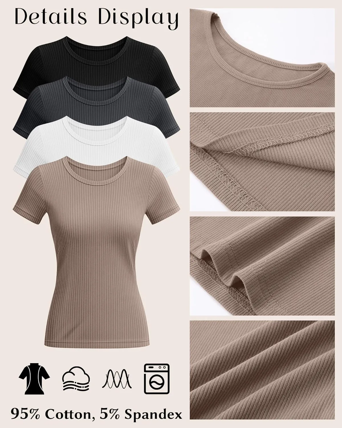 Neer 4 Pack Women's Short Sleeve T-Shirts, Crew Neck Ribbed Knit Slim Fitted Shirts Cotton Summer Solid Basic Tees Tight Tops