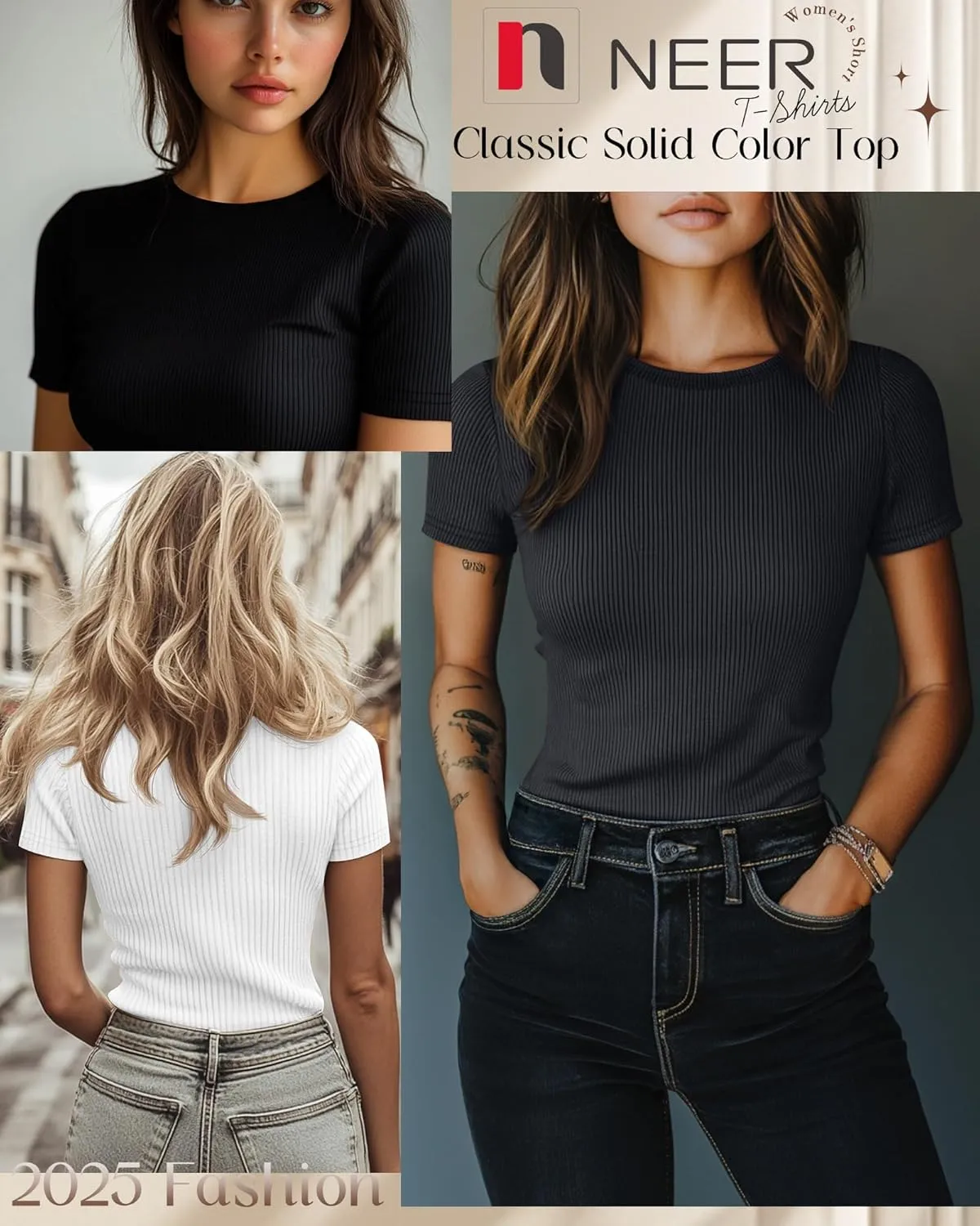 Neer 4 Pack Women's Short Sleeve T-Shirts, Crew Neck Ribbed Knit Slim Fitted Shirts Cotton Summer Solid Basic Tees Tight Tops