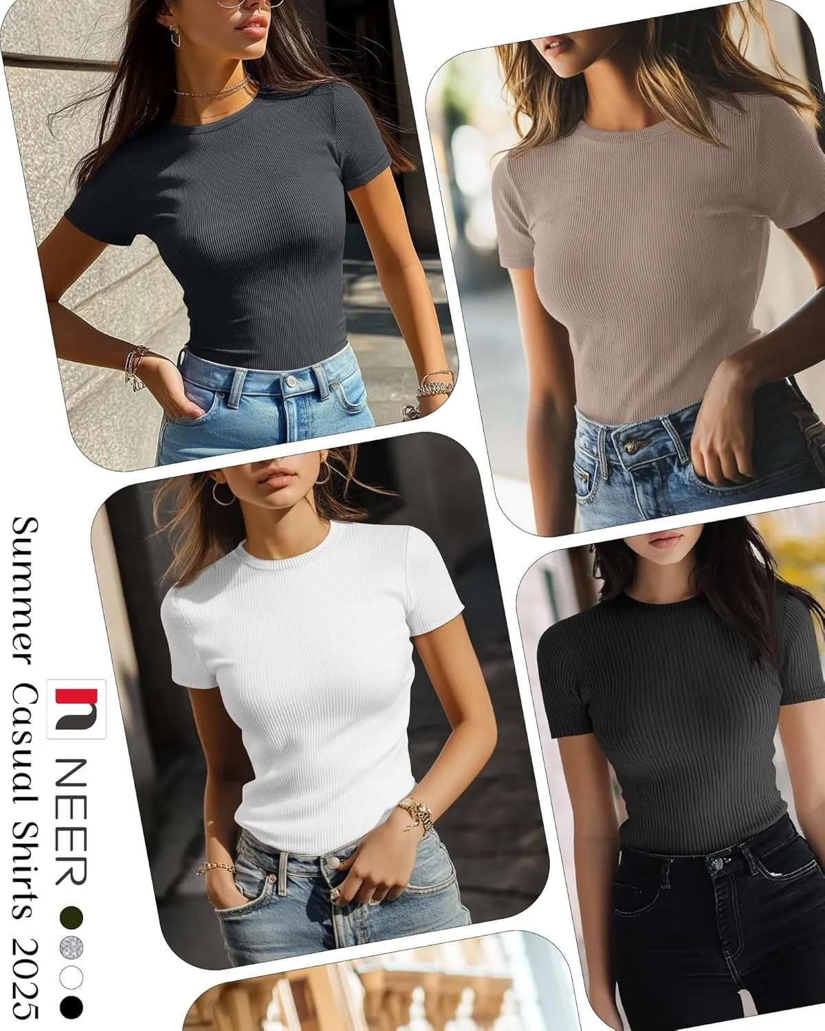 Neer 4 Pack Women's Short Sleeve T-Shirts, Crew Neck Ribbed Knit Slim Fitted Shirts Cotton Summer Solid Basic Tees Tight Tops