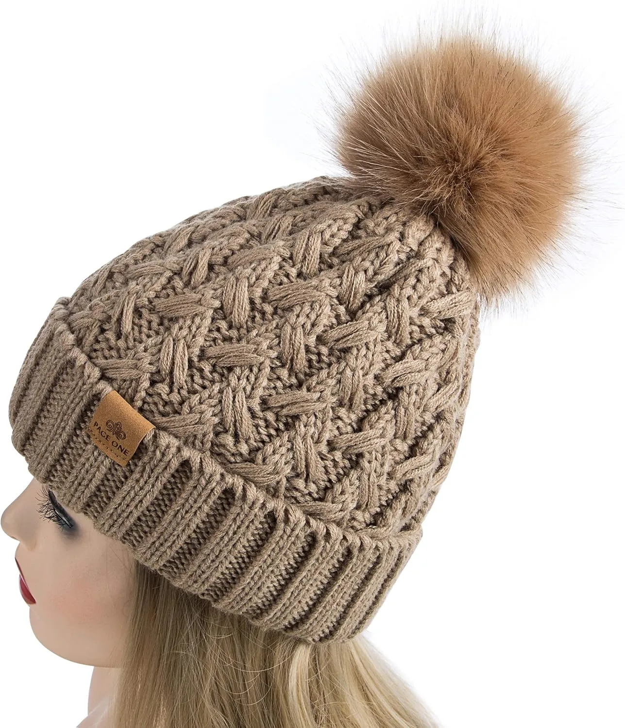 PAGE ONE Womens Winter Ribbed Beanie Crossed Cap Chunky Cable Knit Pompom Soft Warm Hat
