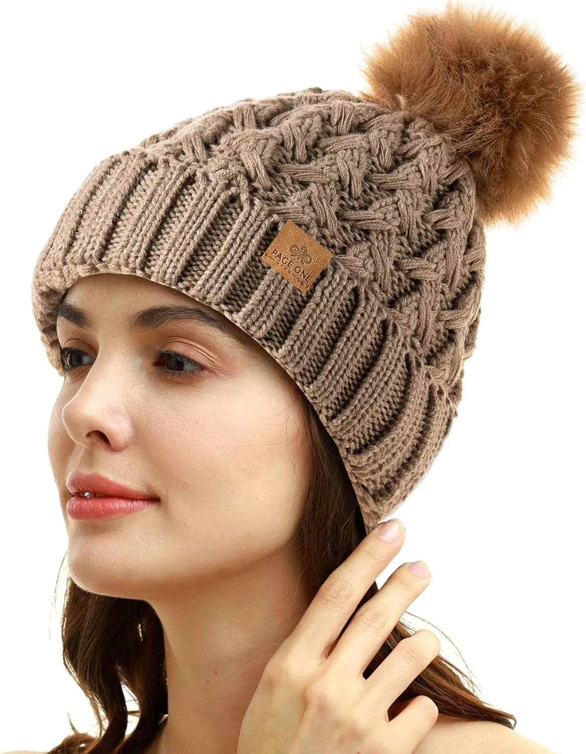 PAGE ONE Womens Winter Ribbed Beanie Crossed Cap Chunky Cable Knit Pompom Soft Warm Hat