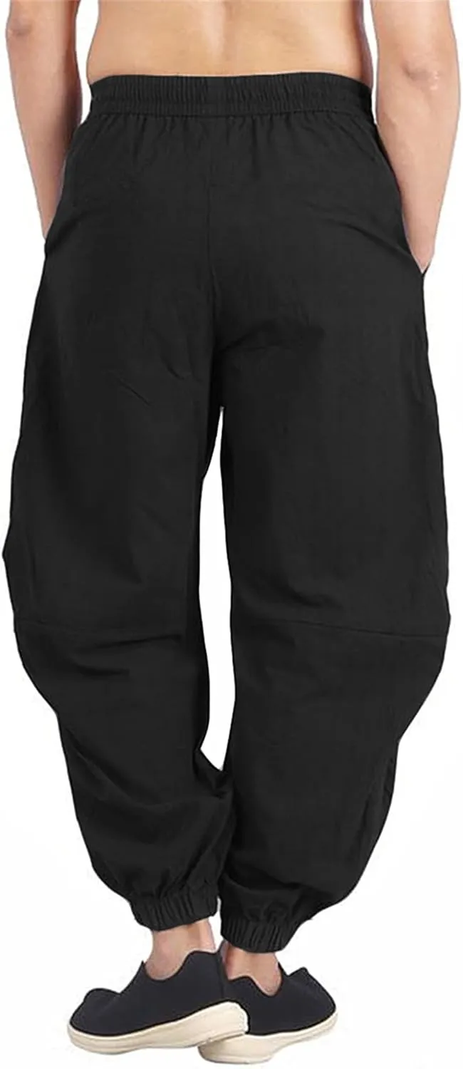 perdontoo Mens Casual Cotton Linen Pant Elastic Waist Drawstring Yoga Jogger Pants