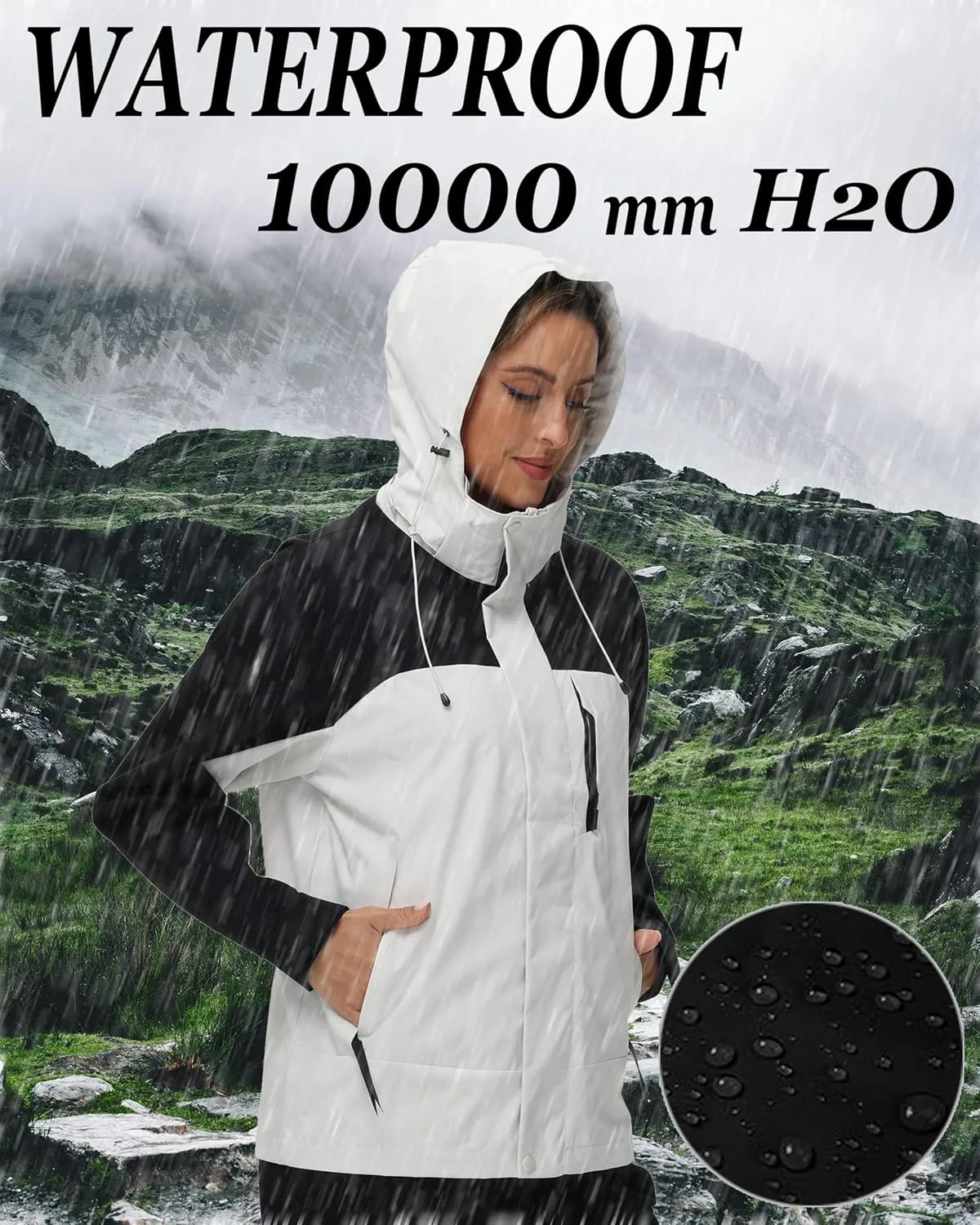 romansong 10000mm H2O Waterproof Rain Jacket Windproof Soft Shell Raincoat Windbreaker with Removable Hood