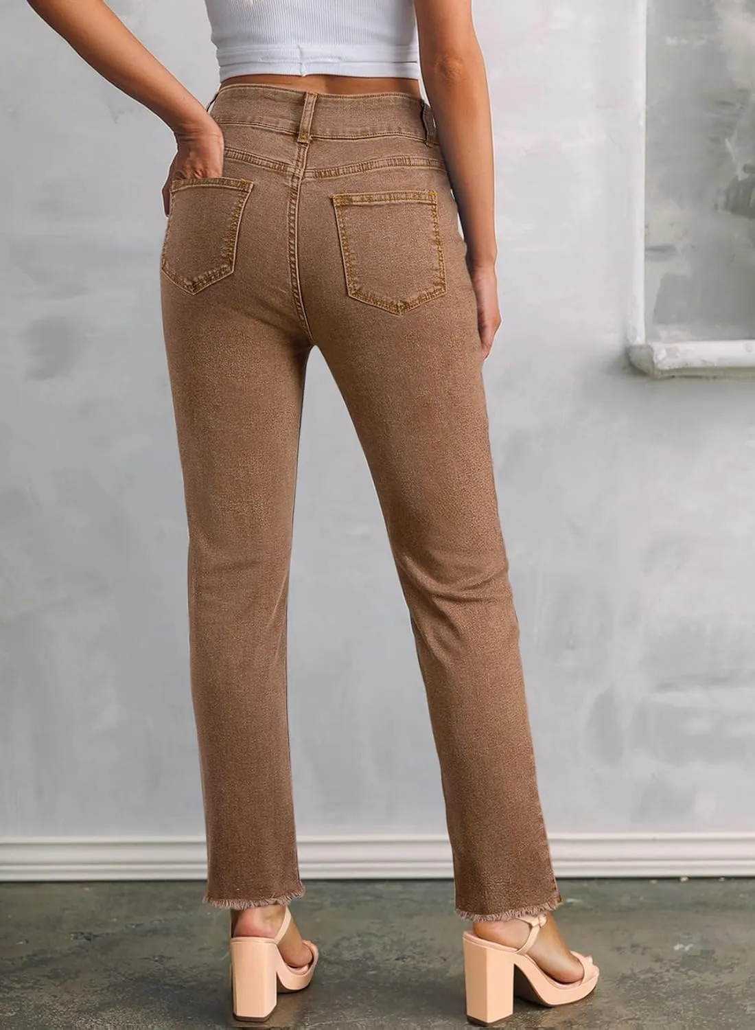 Sidefeel Women's High Waisted Jeans Strechy Fashion Raw Hem Straight Leg Ankle Denim Pants with Pockets