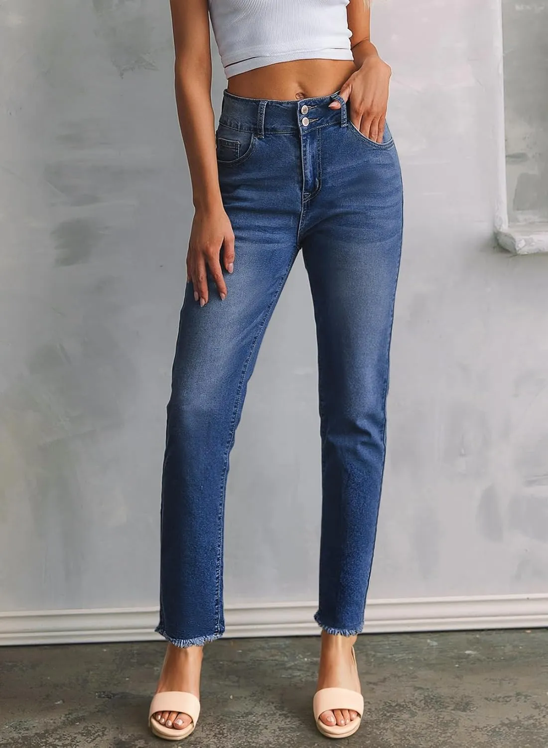 Sidefeel Women's High Waisted Jeans Strechy Fashion Raw Hem Straight Leg Ankle Denim Pants with Pockets