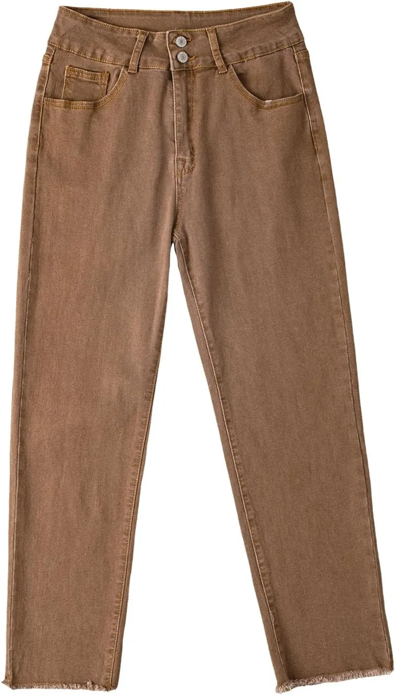 Sidefeel Women's High Waisted Jeans Strechy Fashion Raw Hem Straight Leg Ankle Denim Pants with Pockets