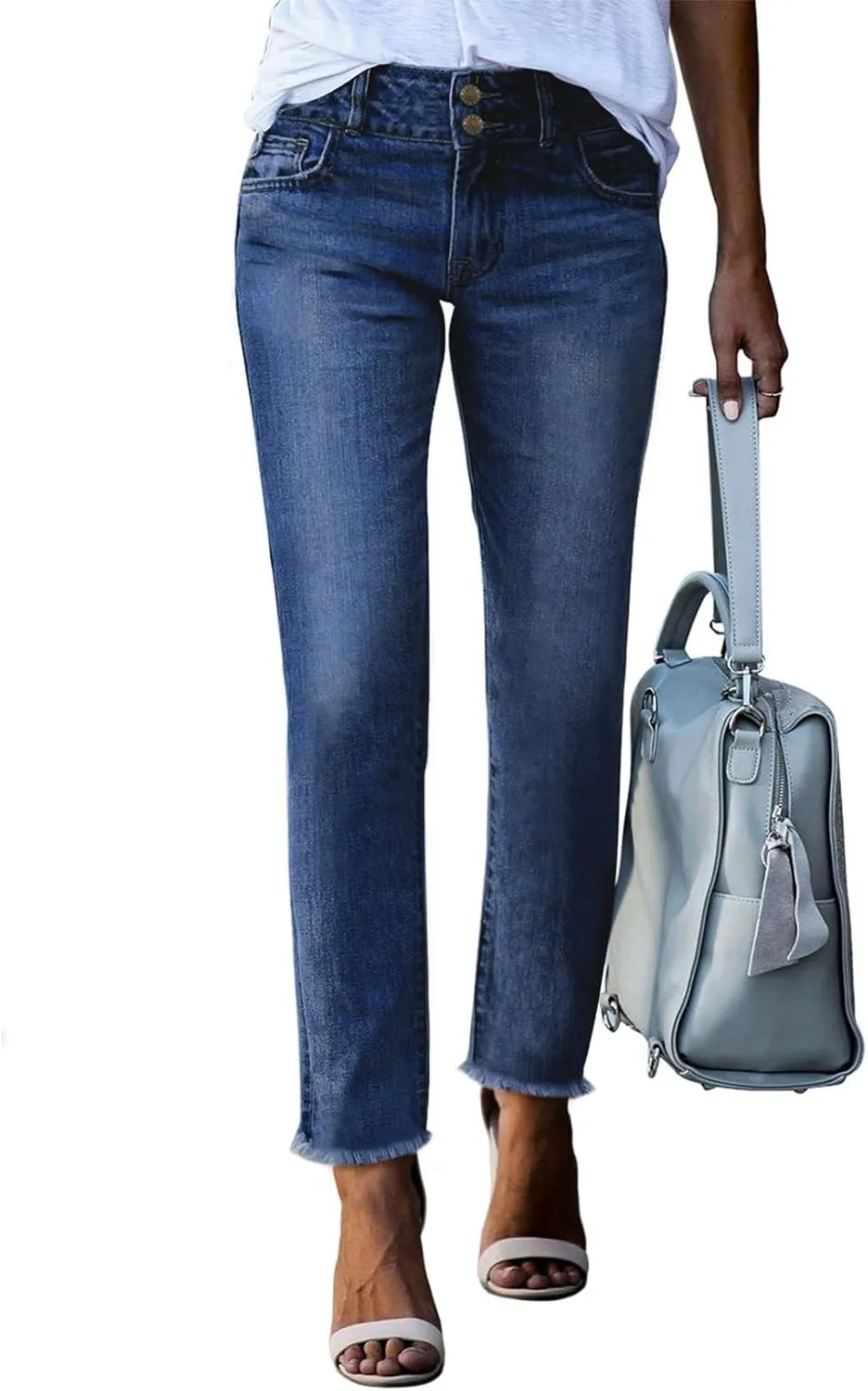 Sidefeel Women's High Waisted Jeans Strechy Fashion Raw Hem Straight Leg Ankle Denim Pants with Pockets