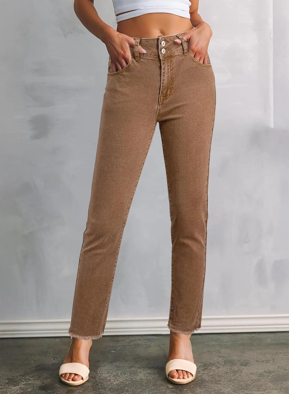 Sidefeel Women's High Waisted Jeans Strechy Fashion Raw Hem Straight Leg Ankle Denim Pants with Pockets