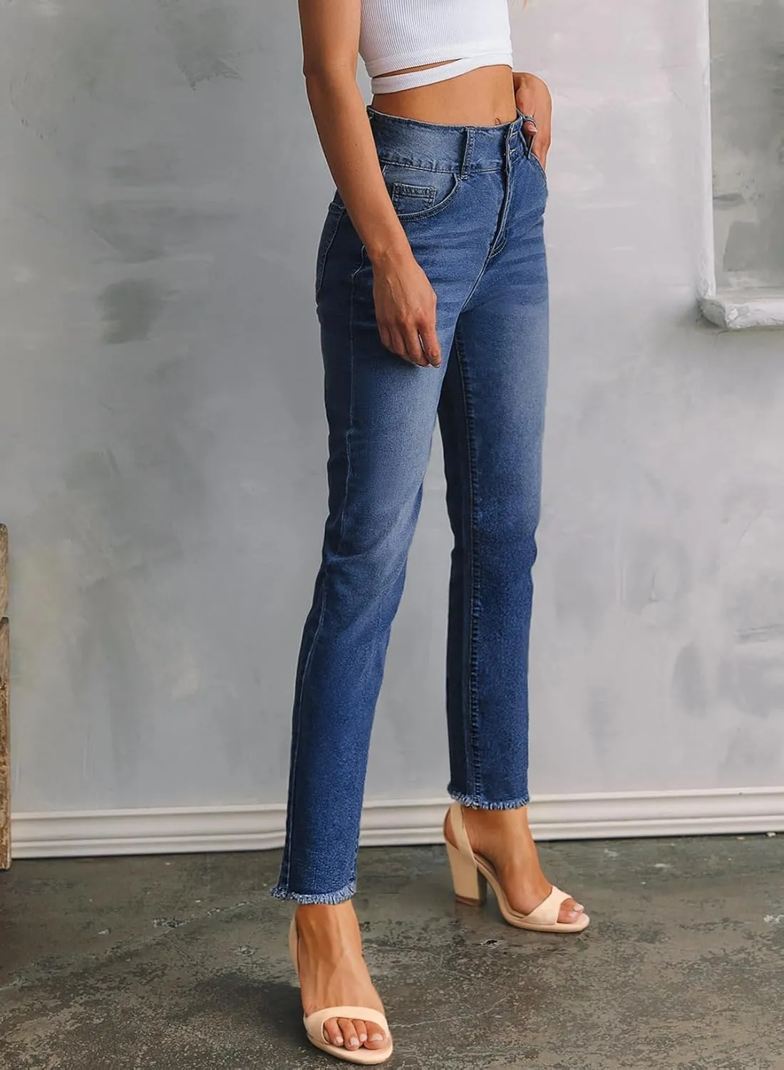 Sidefeel Women's High Waisted Jeans Strechy Fashion Raw Hem Straight Leg Ankle Denim Pants with Pockets