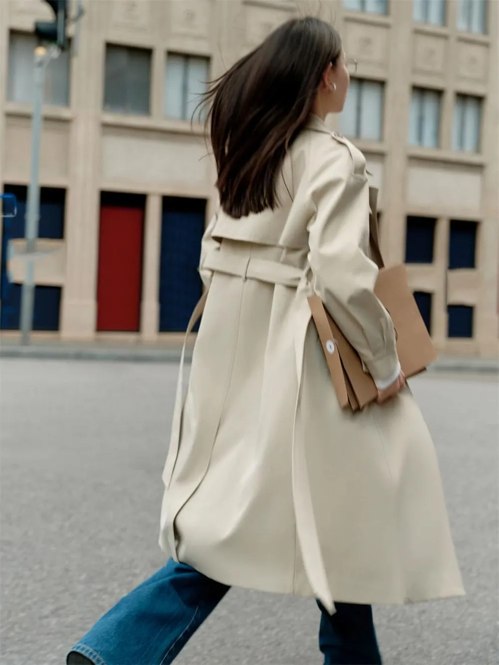 Women Fall Trench Coat Lapel Buttons Solid Midi Coat Casual Daily Vacation Long Jacket