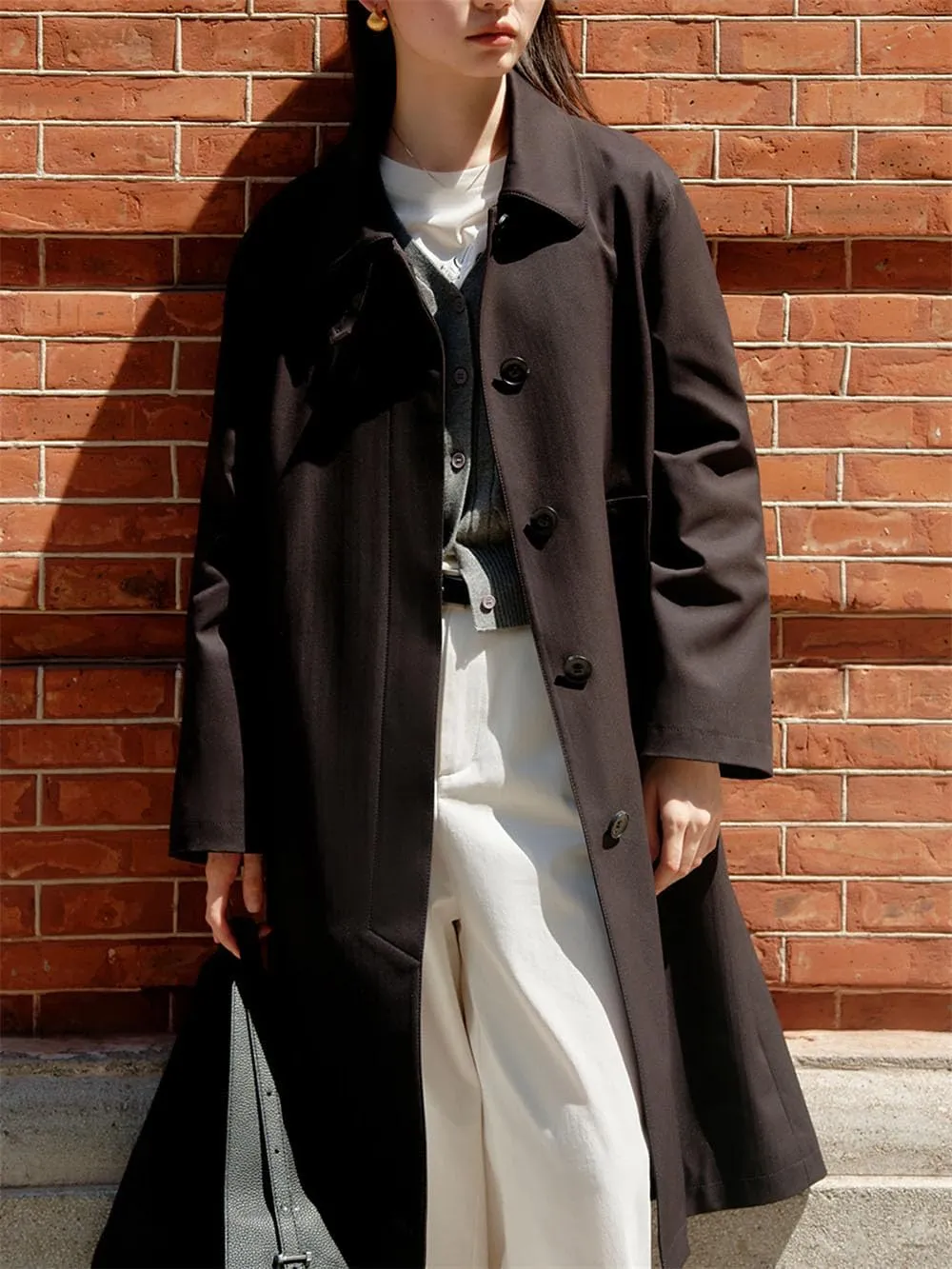 Women Fall Trench Coat Lapel Buttons Solid Midi Coat Casual Daily Vacation Long Jacket
