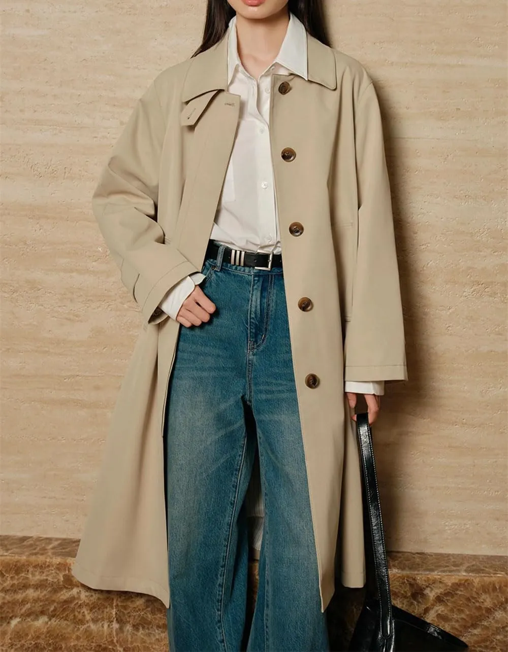 Women Fall Trench Coat Lapel Buttons Solid Midi Coat Casual Daily Vacation Long Jacket