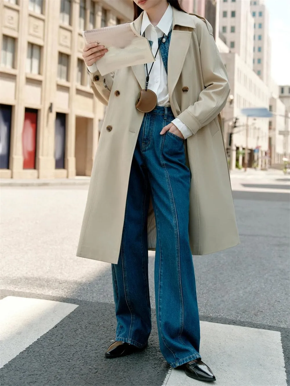 Women Fall Trench Coat Lapel Buttons Solid Midi Coat Casual Daily Vacation Long Jacket
