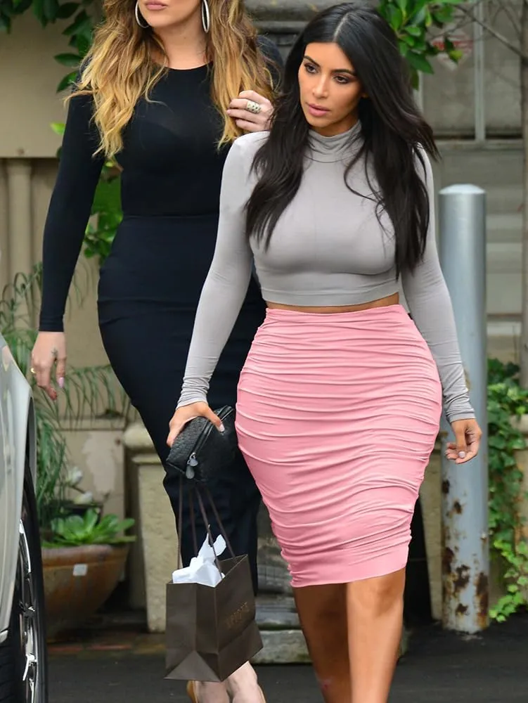 Women's Elastic High Waist Ruched Bodycon Stretch Elegant Pencil Midi Skirt