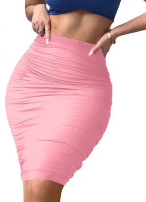 Women's Elastic High Waist Ruched Bodycon Stretch Elegant Pencil Midi Skirt