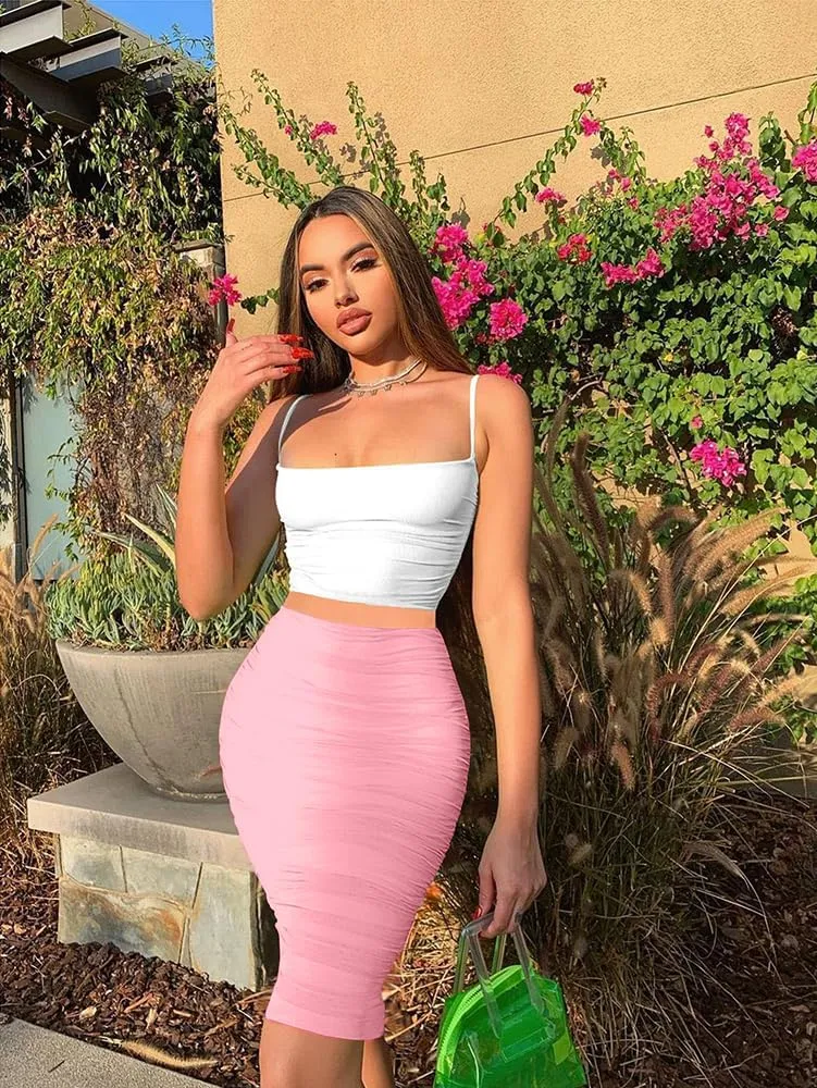 Women's Elastic High Waist Ruched Bodycon Stretch Elegant Pencil Midi Skirt