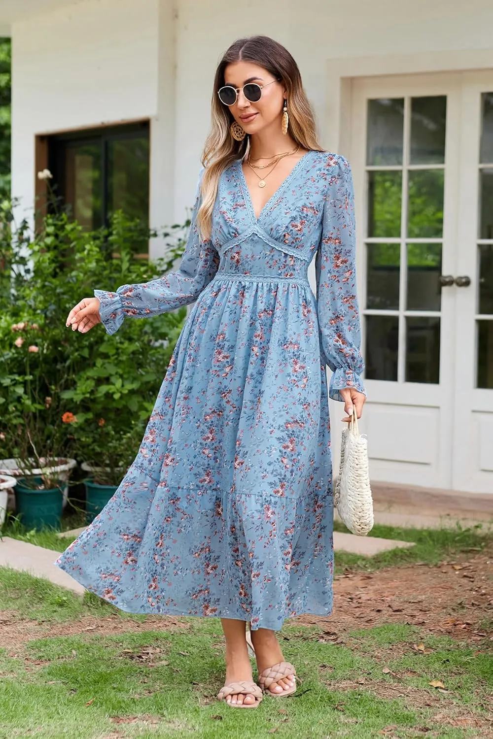 Women's Spring Wrap Maxi Dress Floral V Neck Long Sleeve Wedding Guest Party Casual Chiffon Dress