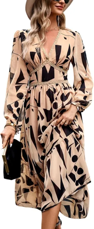 Women's Spring Wrap Maxi Dress Floral V Neck Long Sleeve Wedding Guest Party Casual Chiffon Dress
