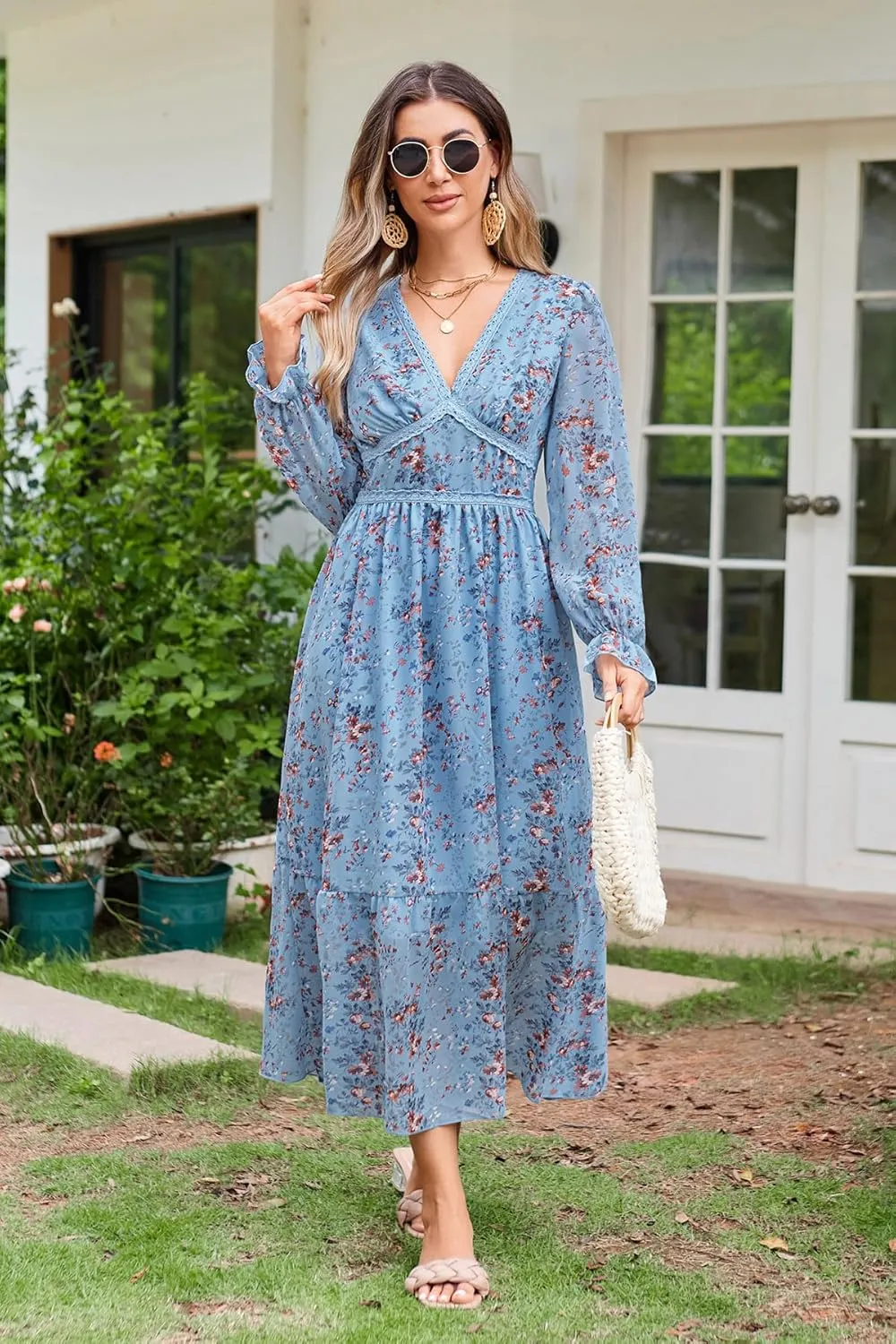 Women's Spring Wrap Maxi Dress Floral V Neck Long Sleeve Wedding Guest Party Casual Chiffon Dress