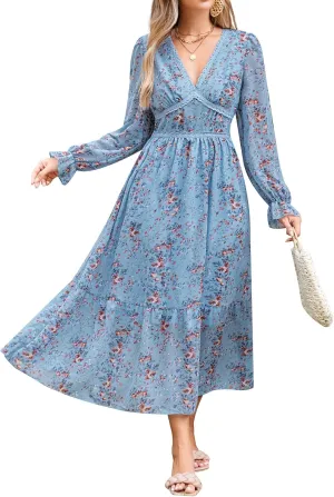 Women's Spring Wrap Maxi Dress Floral V Neck Long Sleeve Wedding Guest Party Casual Chiffon Dress