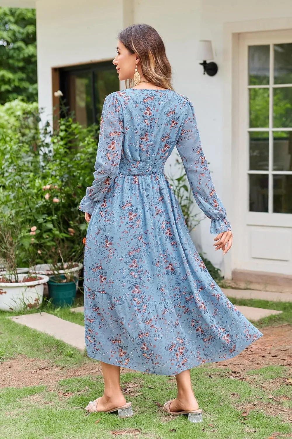 Women's Spring Wrap Maxi Dress Floral V Neck Long Sleeve Wedding Guest Party Casual Chiffon Dress
