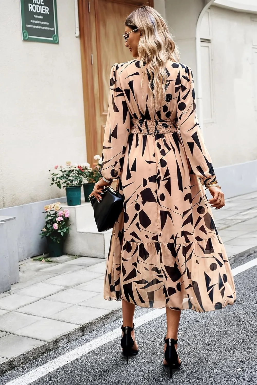 Women's Spring Wrap Maxi Dress Floral V Neck Long Sleeve Wedding Guest Party Casual Chiffon Dress