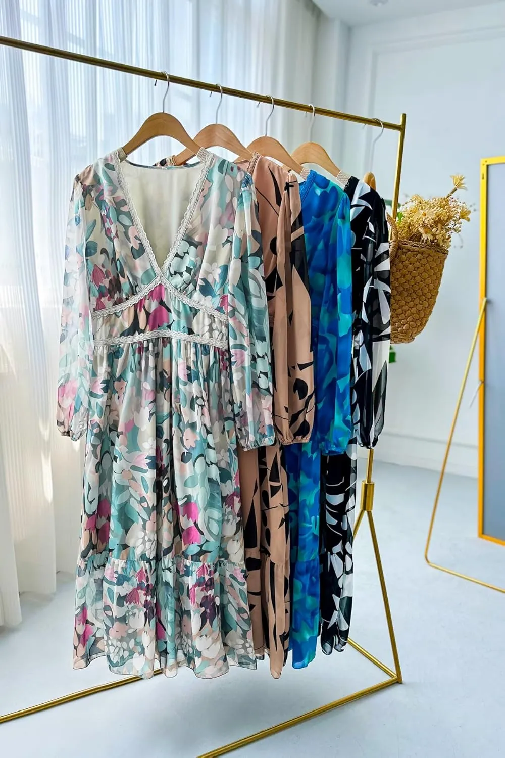 Women's Spring Wrap Maxi Dress Floral V Neck Long Sleeve Wedding Guest Party Casual Chiffon Dress