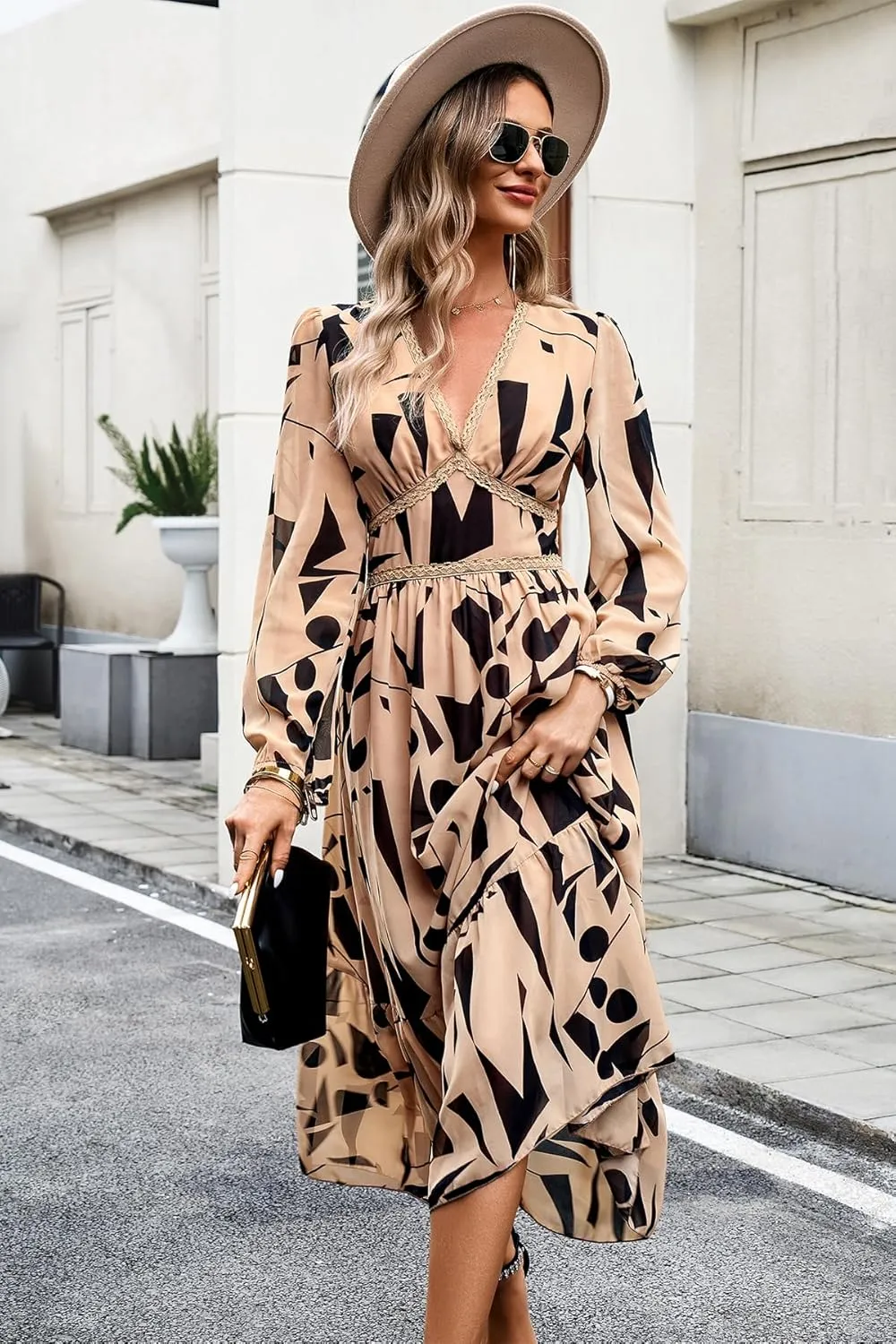 Women's Spring Wrap Maxi Dress Floral V Neck Long Sleeve Wedding Guest Party Casual Chiffon Dress