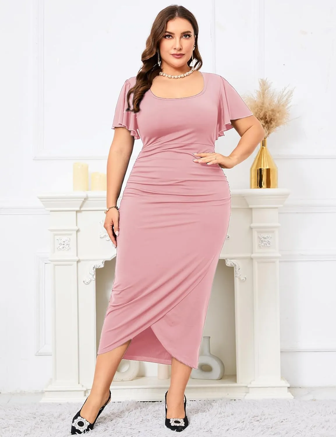 ZOMVA 2024 Plus Size Cocktail Dress Comfortable Bell Sleeves Wedding Guest Square Neck Semi Formal