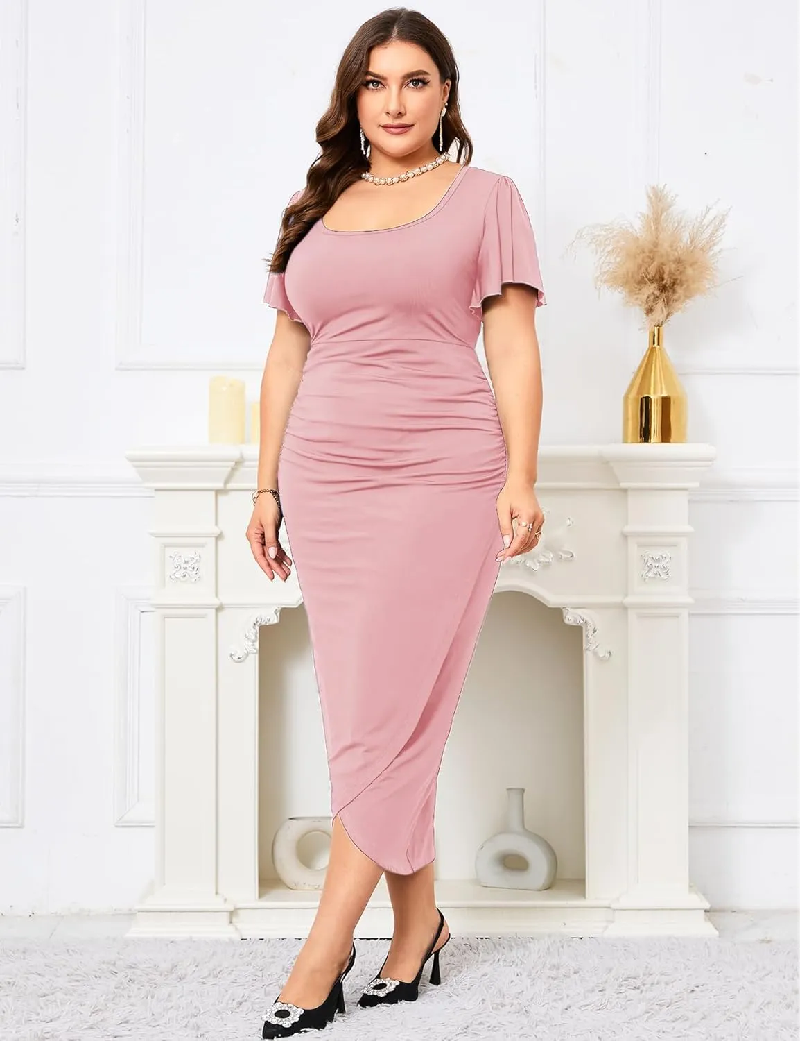 ZOMVA 2024 Plus Size Cocktail Dress Comfortable Bell Sleeves Wedding Guest Square Neck Semi Formal