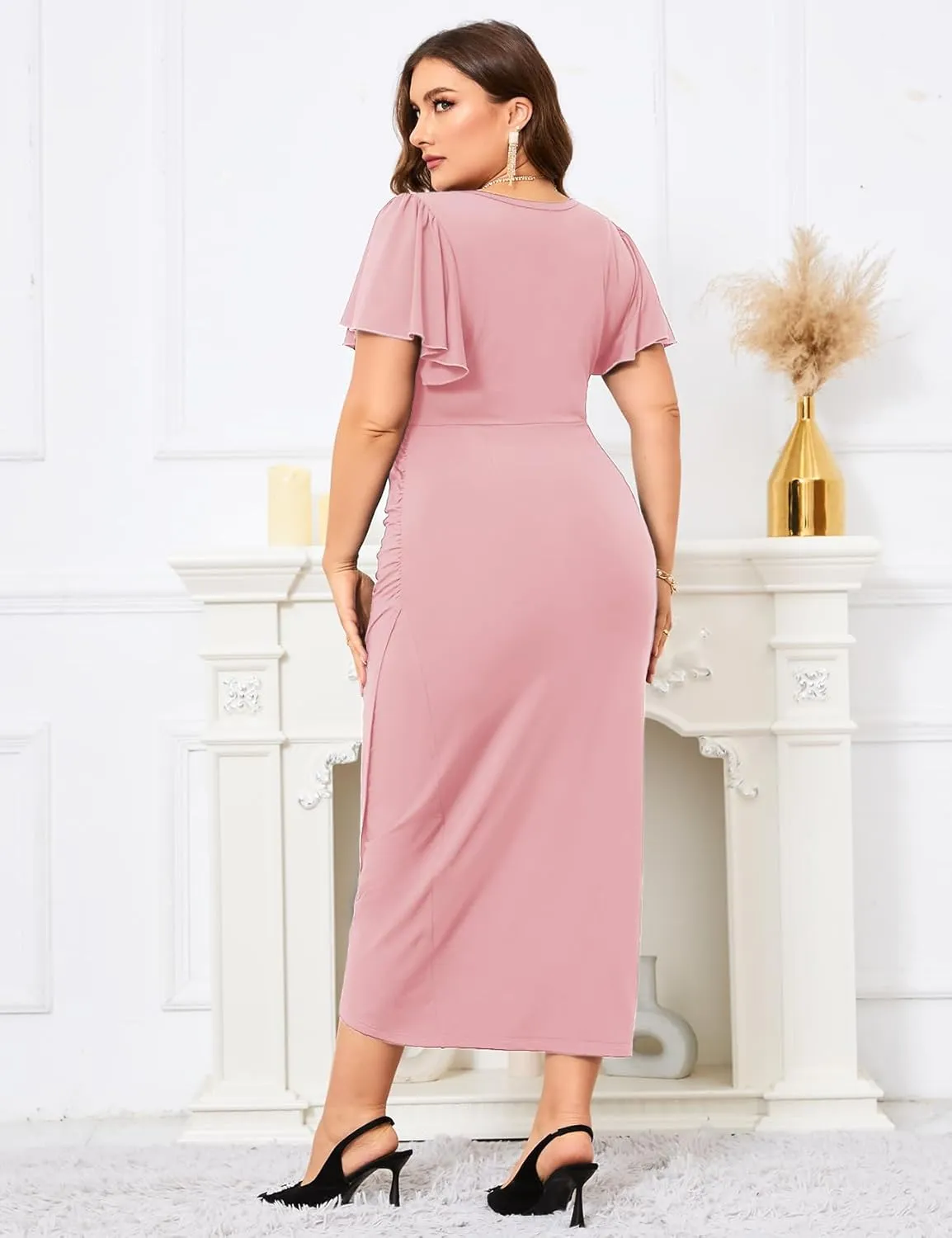 ZOMVA 2024 Plus Size Cocktail Dress Comfortable Bell Sleeves Wedding Guest Square Neck Semi Formal
