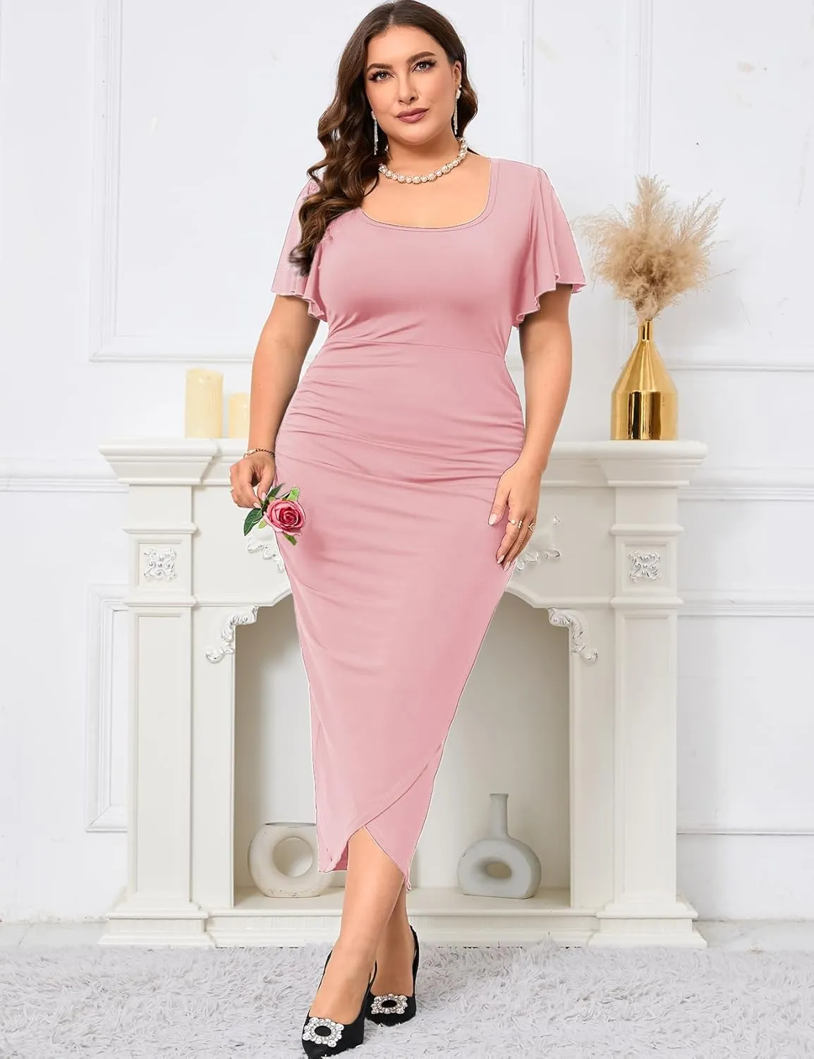 ZOMVA 2024 Plus Size Cocktail Dress Comfortable Bell Sleeves Wedding Guest Square Neck Semi Formal